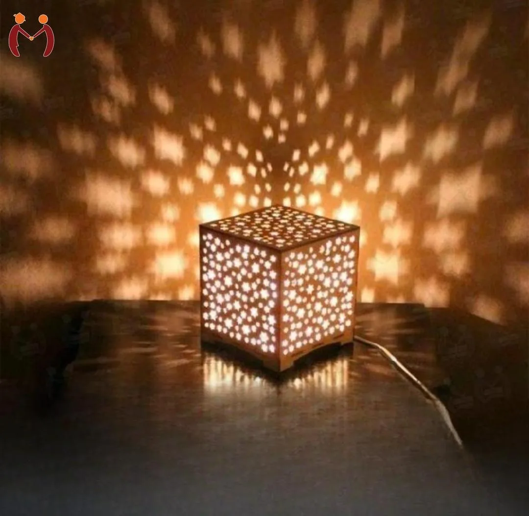 Laser Cut Wooden Table Lamp with Warm Golden Glow Star Design